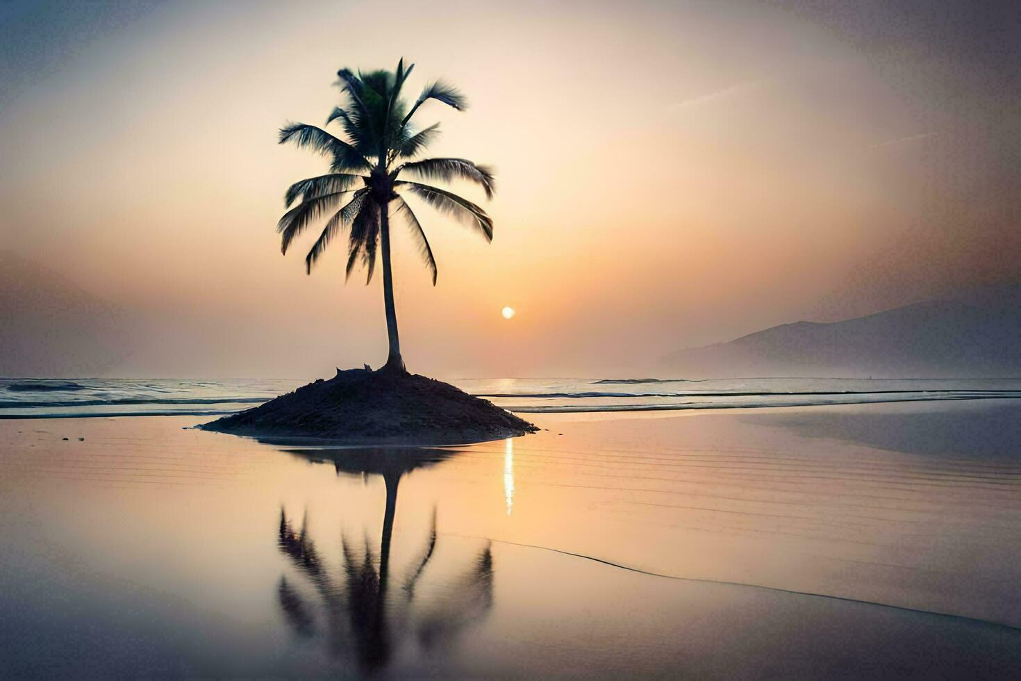 ein einsam Palme Baum steht auf ein klein Insel im das Ozean. KI-generiert foto