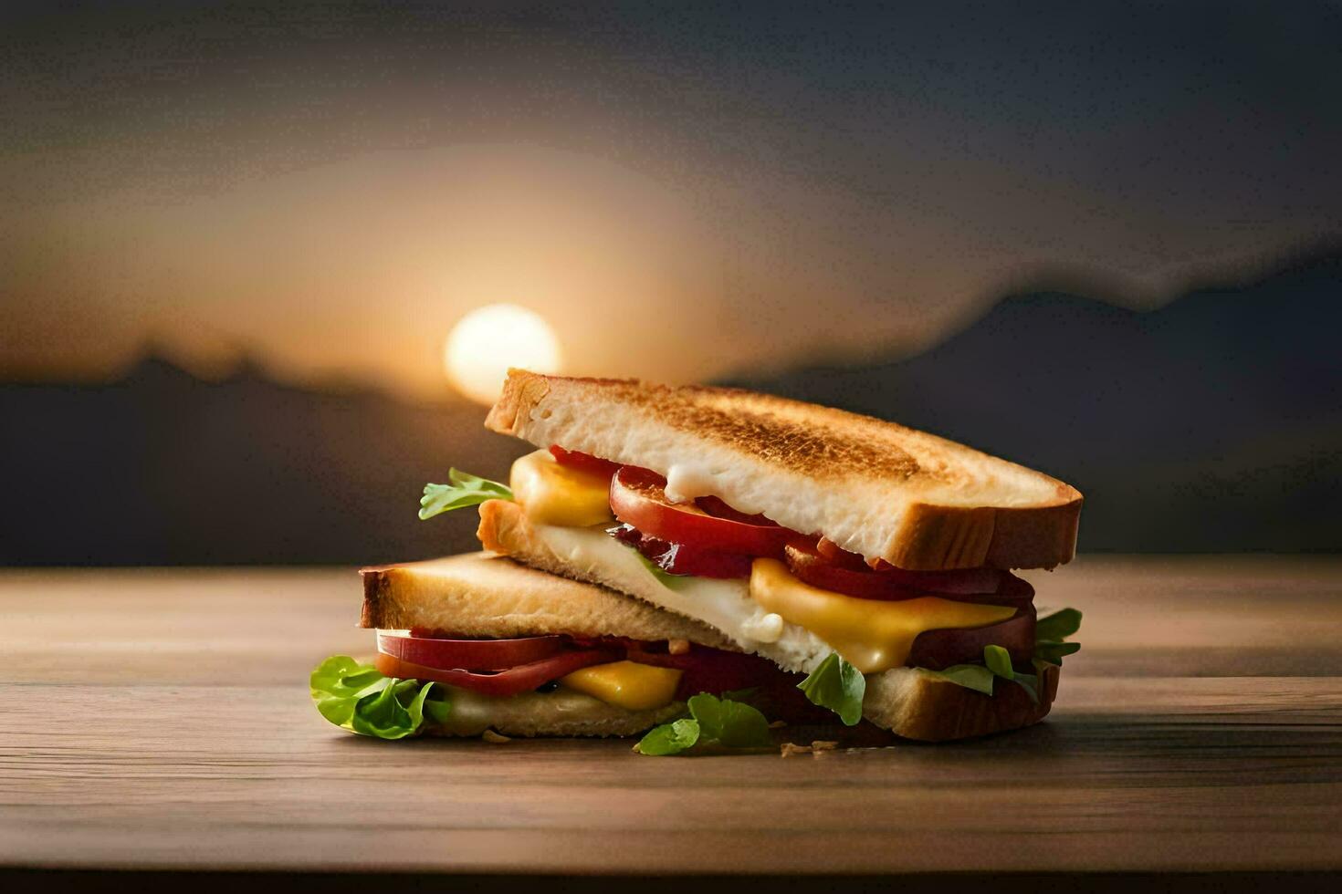 Sandwich mit Käse und Tomaten auf ein hölzern Tisch. KI-generiert foto