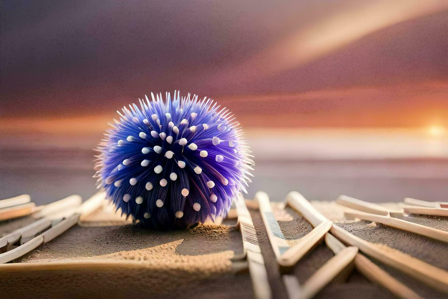 ein Blau Ball sitzt auf oben von Stöcke im das Sand. KI-generiert foto