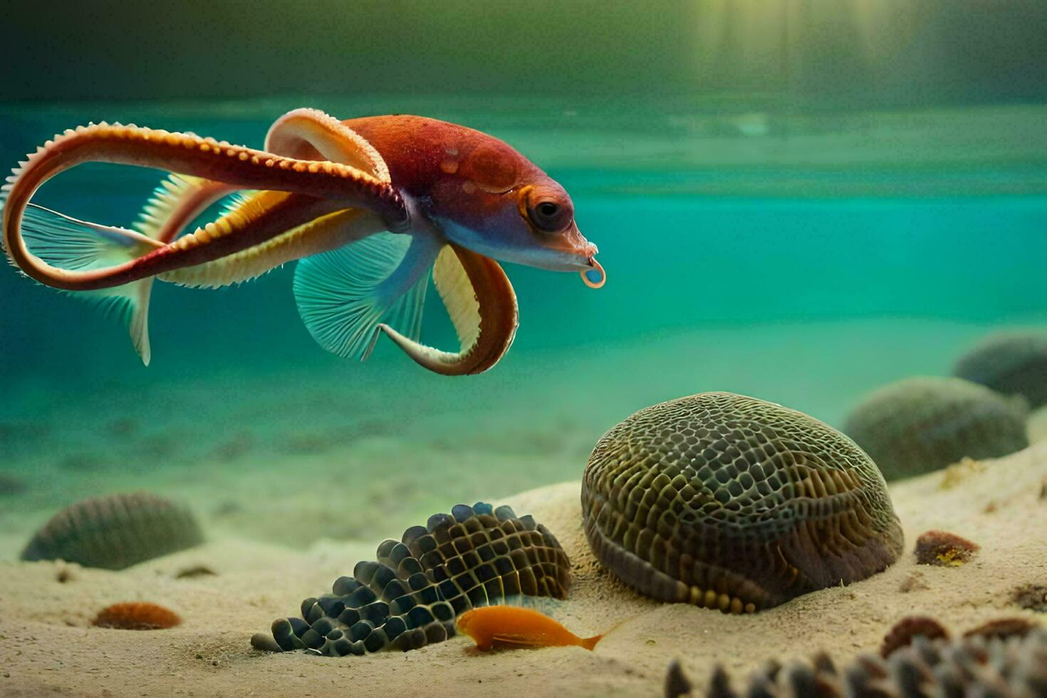ein Fisch Schwimmen im das Ozean mit Muscheln. KI-generiert foto