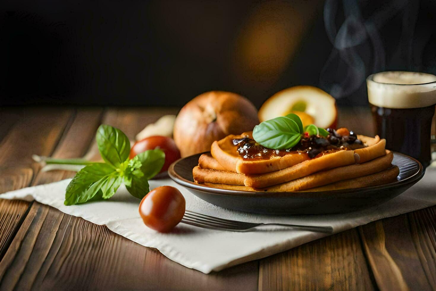 Pfannkuchen mit Marmelade und Obst auf ein Platte. KI-generiert foto