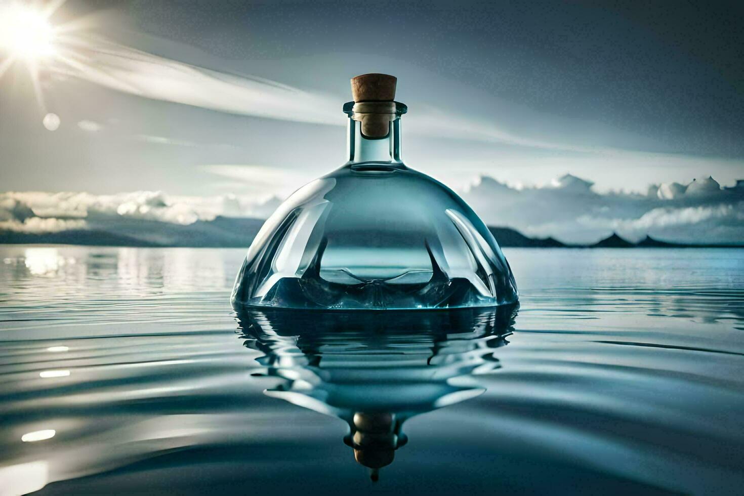 ein Flasche von Wasser schwebend im das Ozean. KI-generiert foto