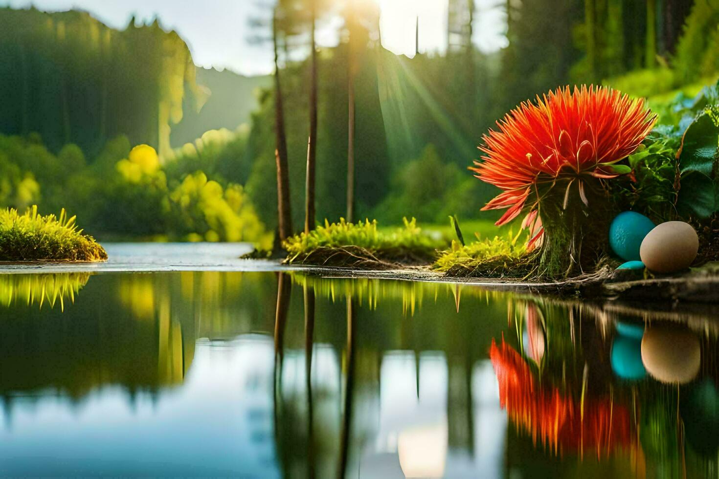 ein Blume und ein Felsen sind Sitzung auf das Ufer von ein See. KI-generiert foto