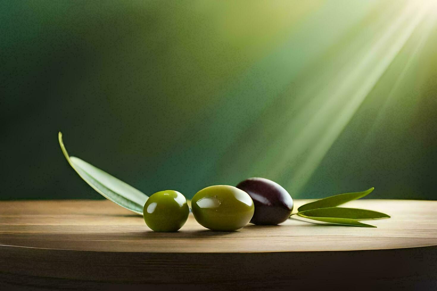 Oliven auf ein hölzern Tabelle mit Sonnenlicht leuchtenden durch. KI-generiert foto