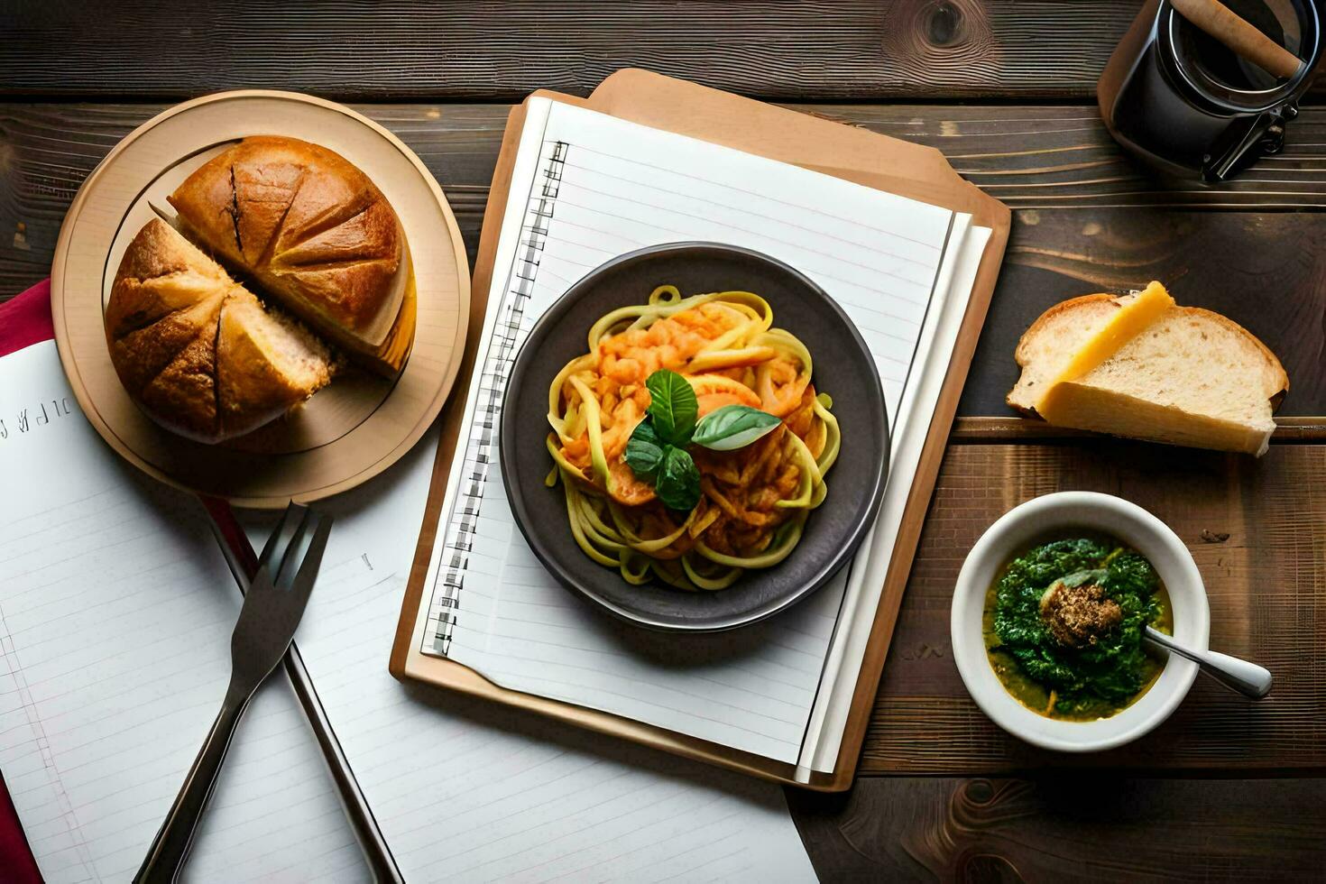 Spaghetti mit Fleischklößchen, Brot und Salat auf ein hölzern Tisch. KI-generiert foto