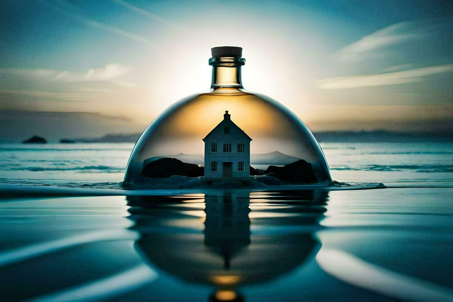 ein Flasche mit ein Haus Innerhalb von es auf das Wasser. KI-generiert foto