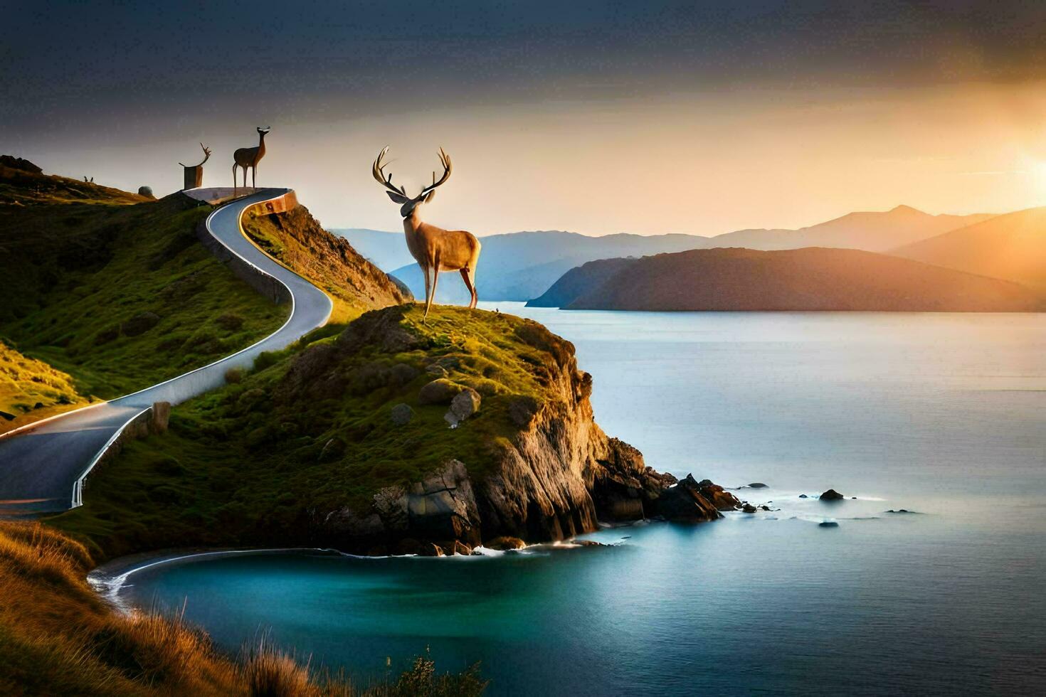 Hirsch auf das Straße beim Sonnenuntergang. KI-generiert foto