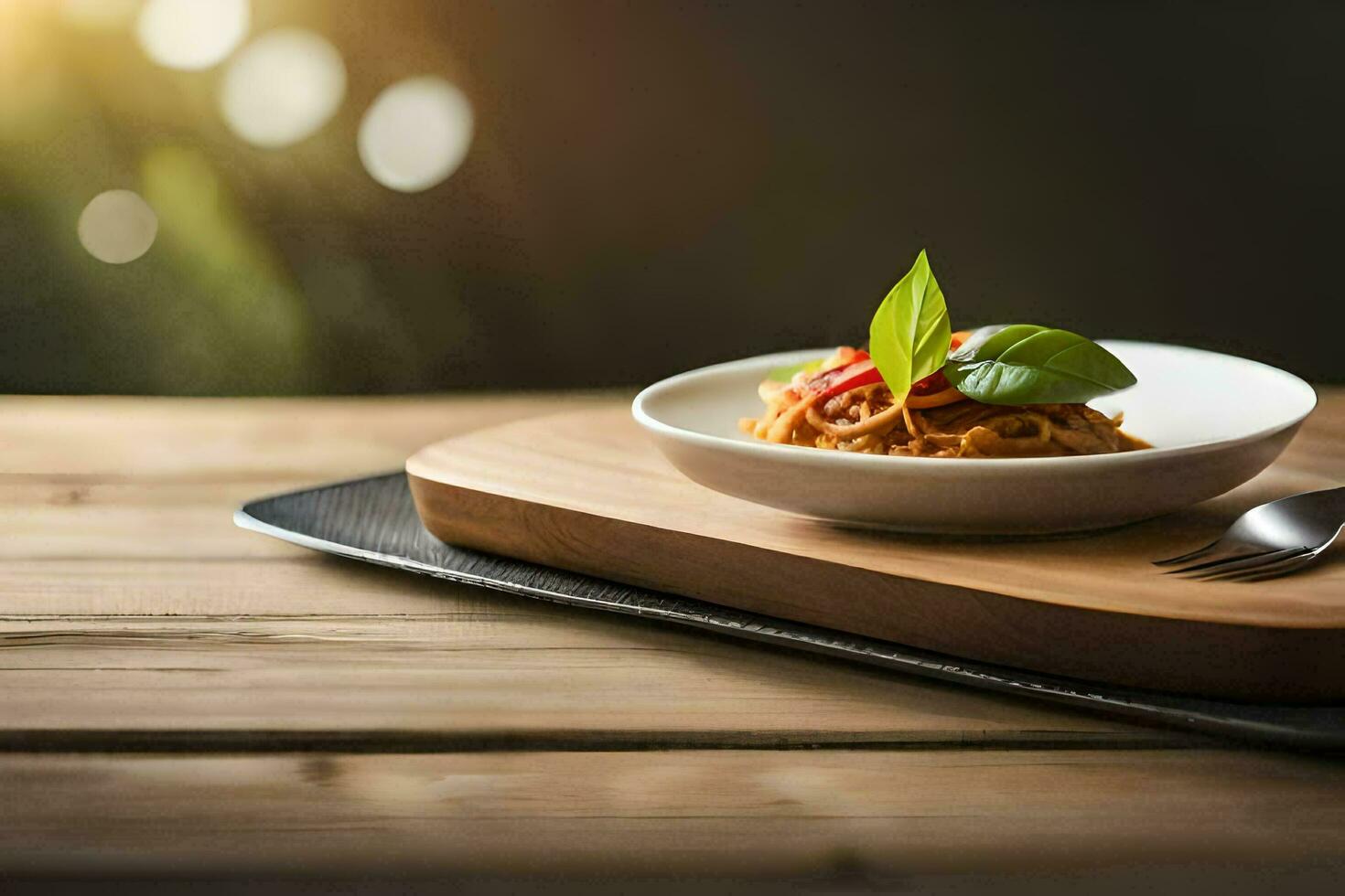 Spaghetti im ein Schüssel auf ein hölzern Tisch. KI-generiert foto