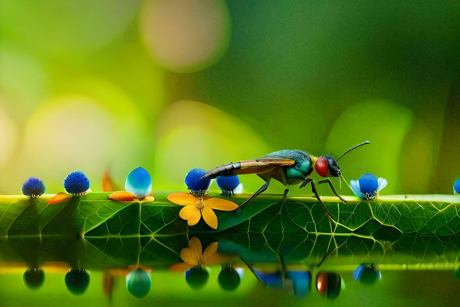 Foto Hintergrund das Himmel, Blumen, Wasser, Blätter, Insekten, das Himmel, Blumen, Wasser. KI-generiert