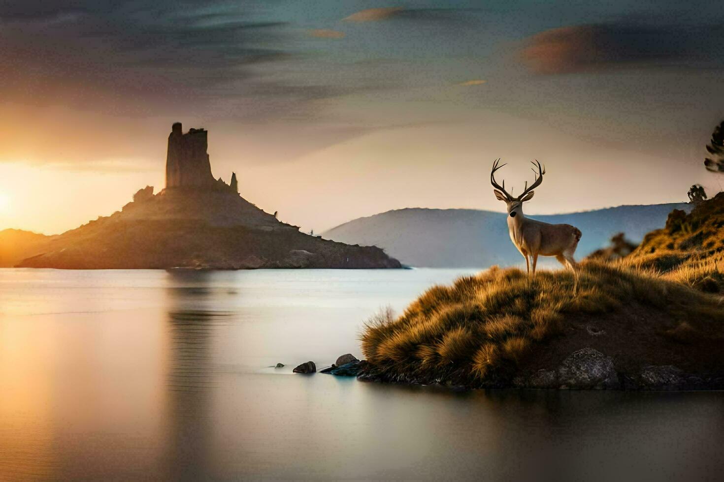 ein Hirsch steht auf ein Felsen mit Blick auf ein See beim Sonnenuntergang. KI-generiert foto