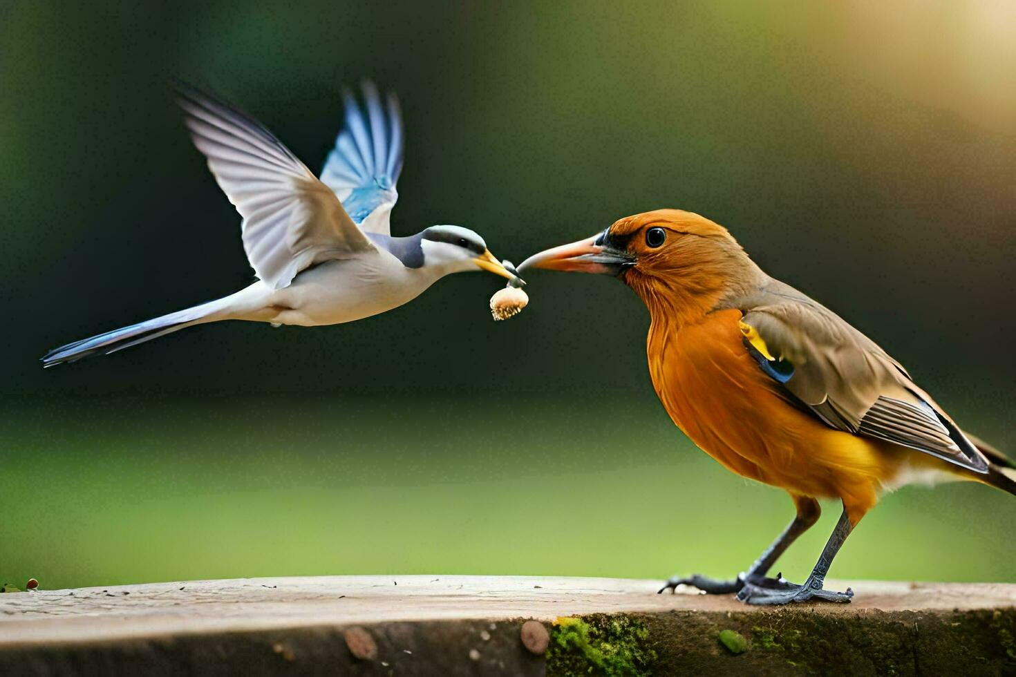 ein Vogel ist Fütterung Ein weiterer Vogel mit ein Samen. KI-generiert foto