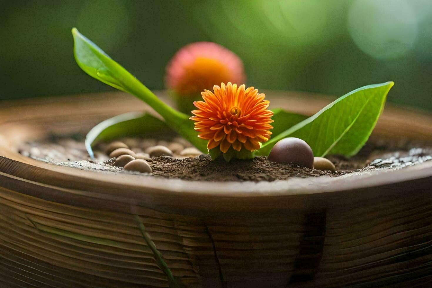 ein klein Orange Blume im ein Bambus Korb. KI-generiert foto