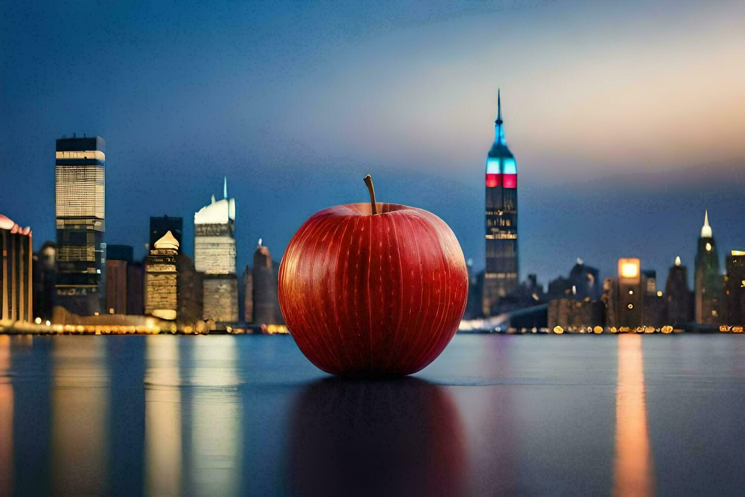 ein Apfel ist Sitzung im Vorderseite von ein Stadt Horizont. KI-generiert foto