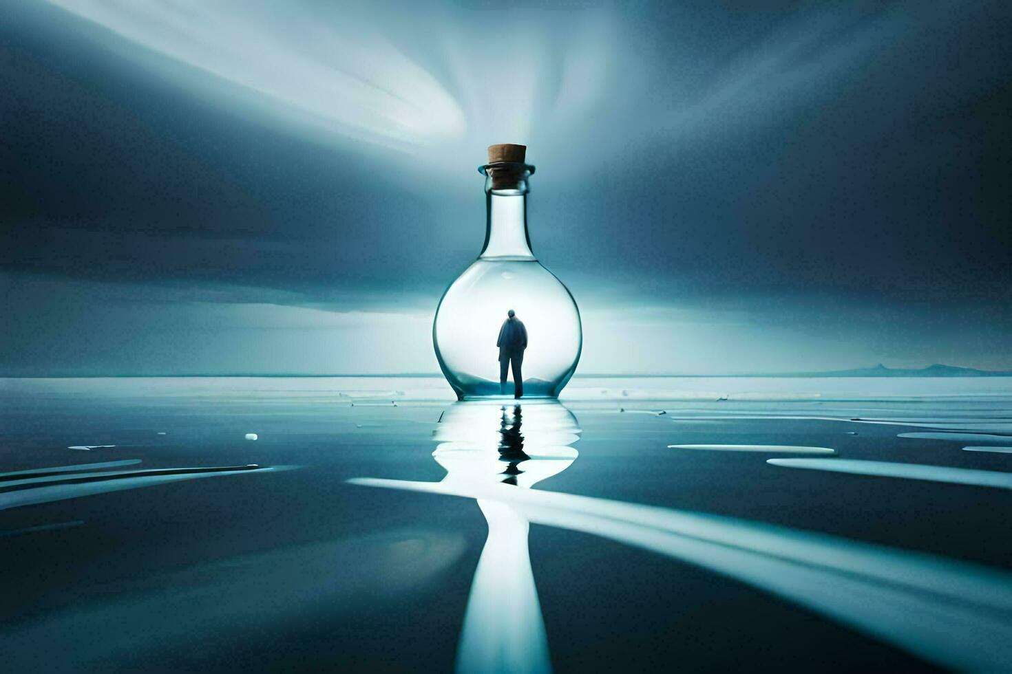 ein Mann Stehen im ein Flasche von Wasser. KI-generiert foto