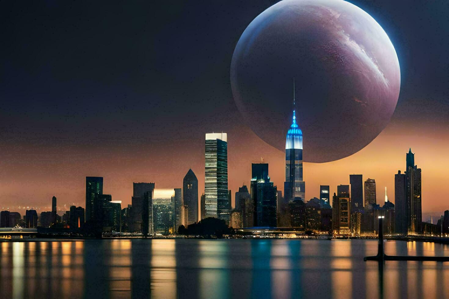 das Mond ist gesehen Über das Stadt Horizont. KI-generiert foto