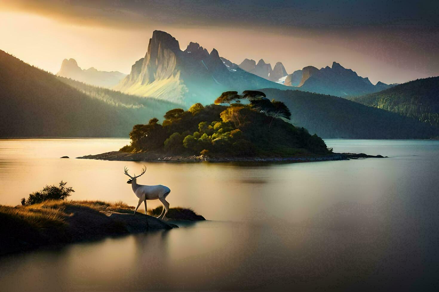 das Hirsch ist Stehen auf das Insel im das Mitte von das See. KI-generiert foto