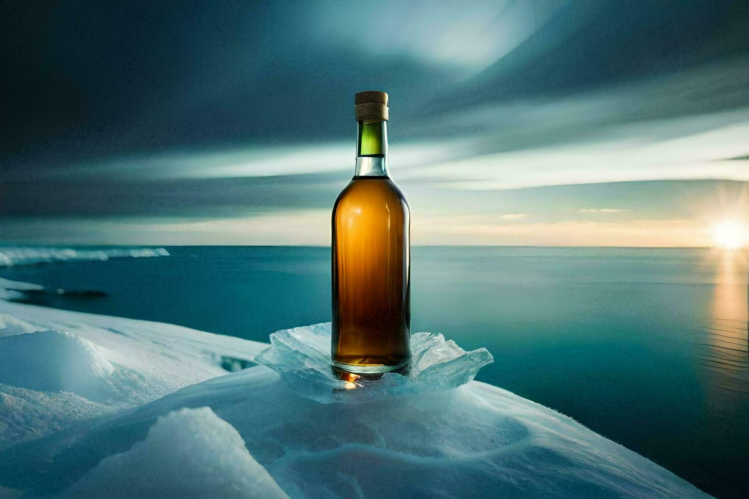 ein Flasche von Whiskey auf Eis im Vorderseite von das Ozean. KI-generiert foto