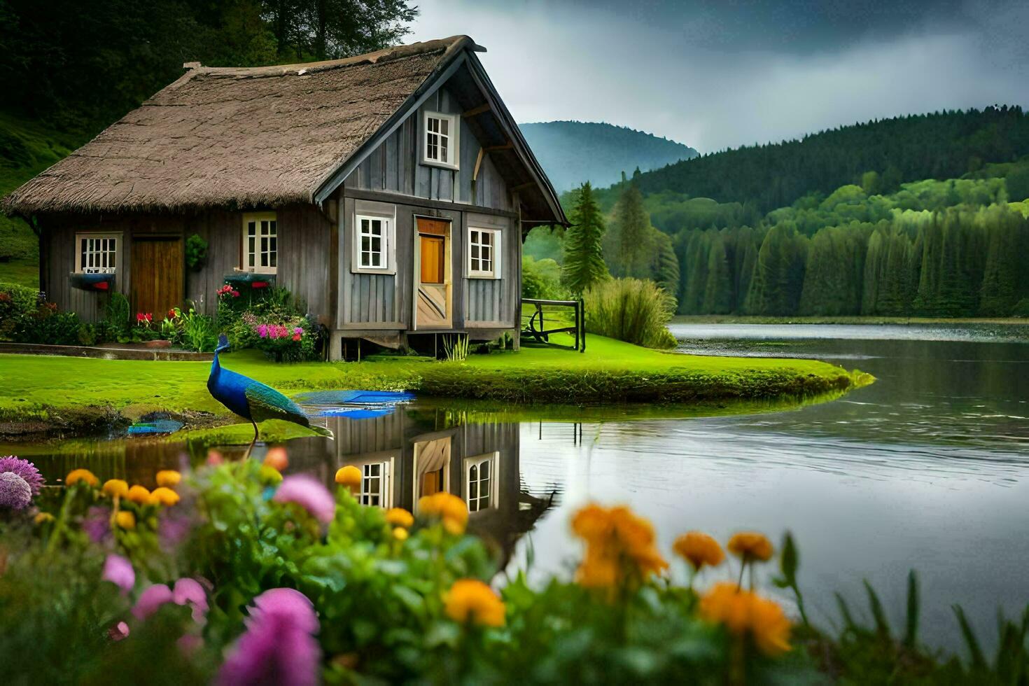 Foto Hintergrund Wasser, das Himmel, Blumen, Pfau, See, Hütte, Haus, Die. KI-generiert