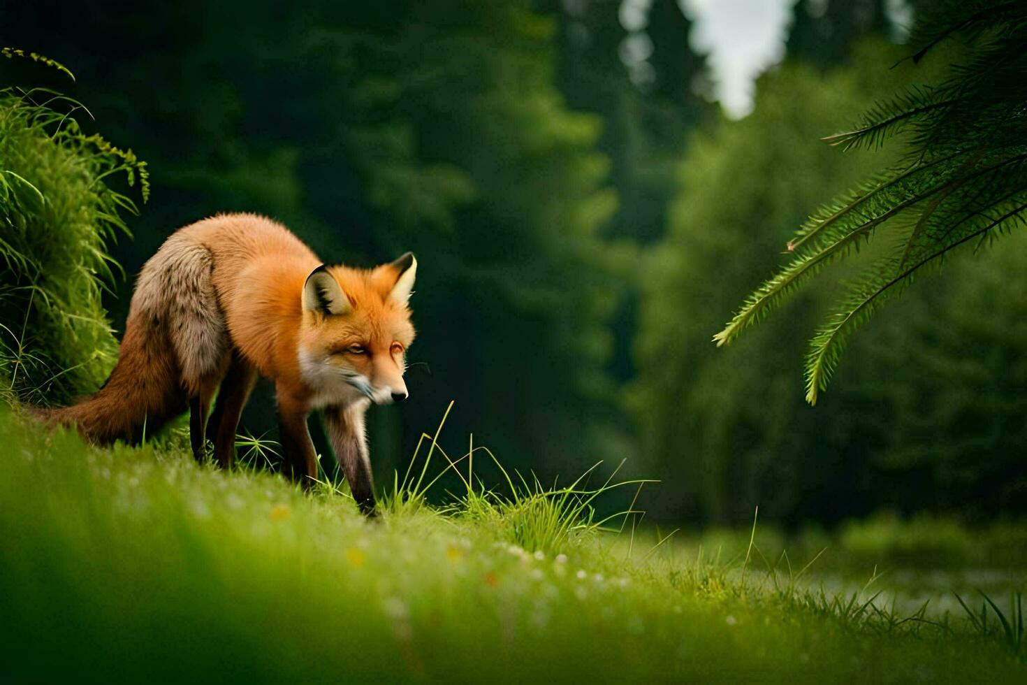 ein Fuchs ist Gehen durch das Gras in der Nähe von ein See. KI-generiert foto