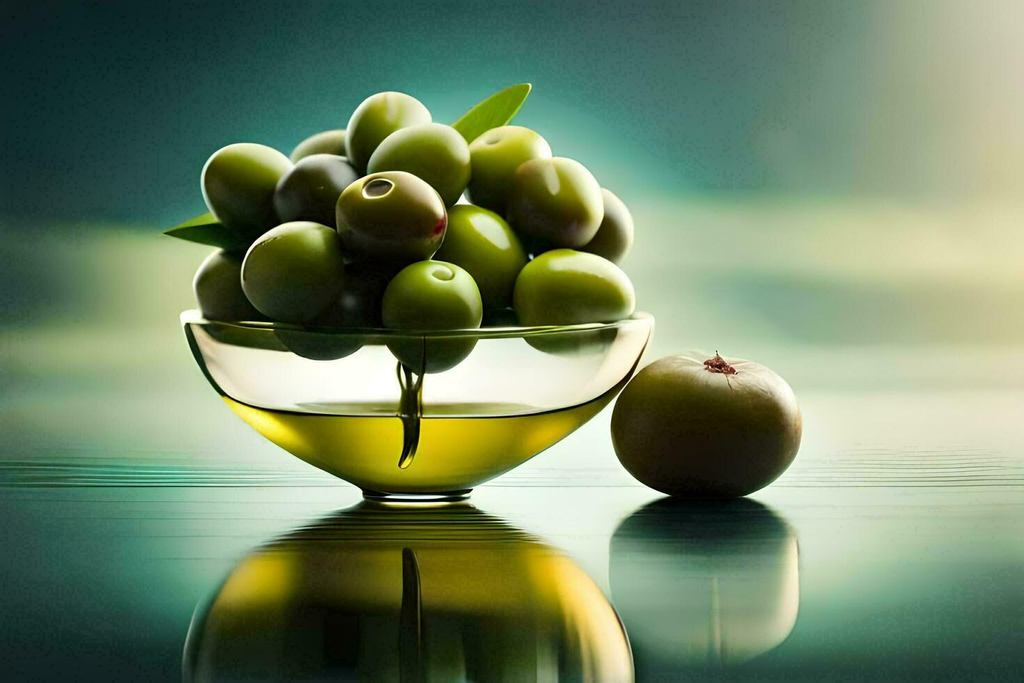 Oliven im ein Glas Schüssel auf ein Tisch. KI-generiert foto