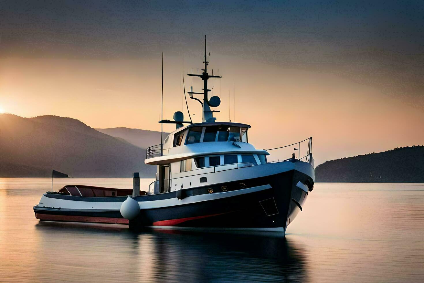 ein Boot im das Wasser beim Sonnenuntergang. KI-generiert foto