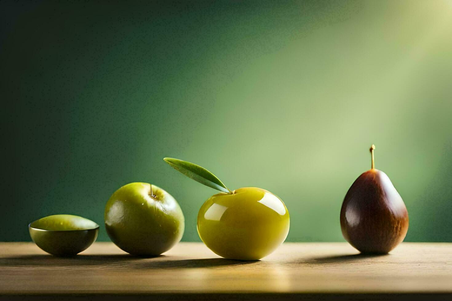 drei Äpfel und ein Apfel auf ein Tisch. KI-generiert foto