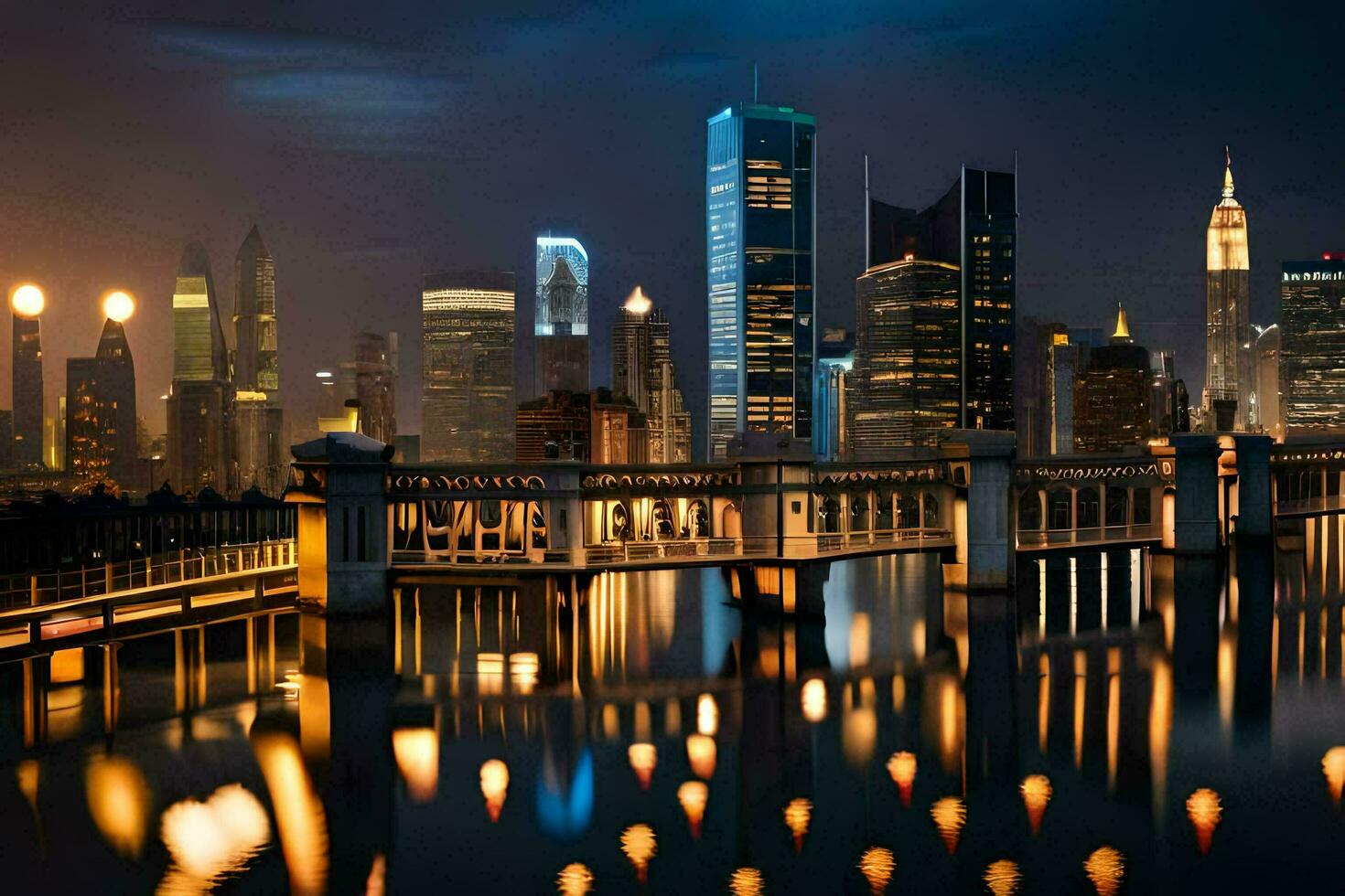 das Stadt Horizont beim Nacht mit Beleuchtung reflektieren im das Wasser. KI-generiert foto