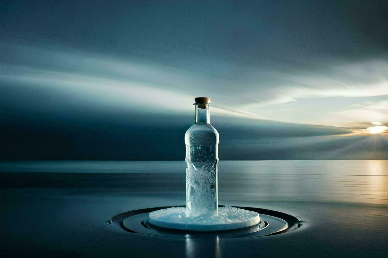 ein Flasche von Wasser Sitzung auf das Wasser mit ein Sonnenuntergang im das Hintergrund. KI-generiert foto