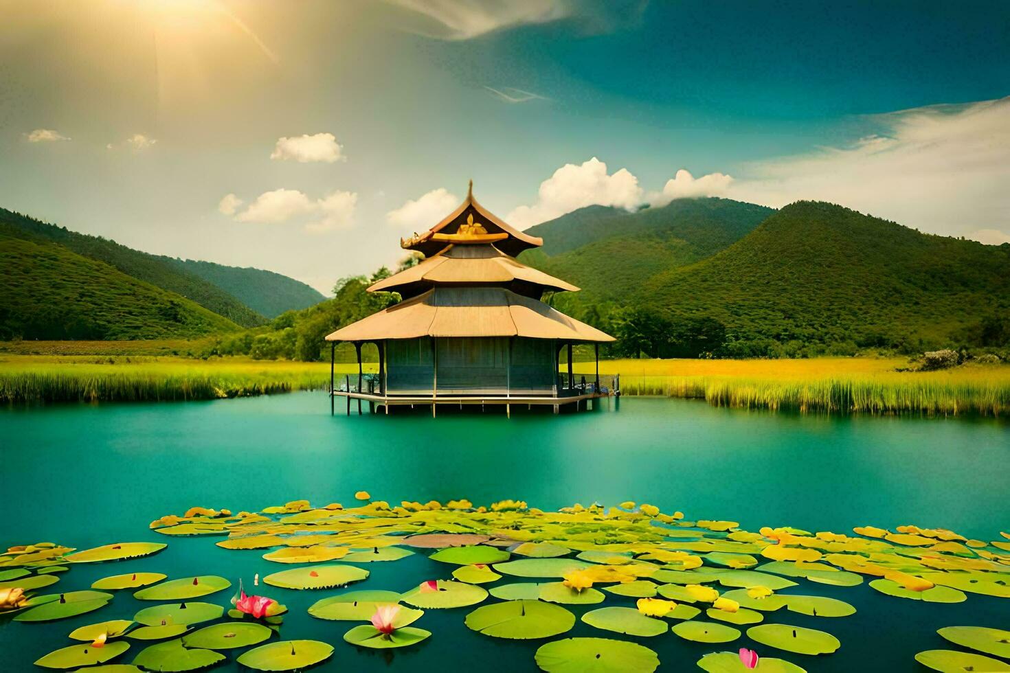 das Lotus Teich im das Mitte von das See. KI-generiert foto