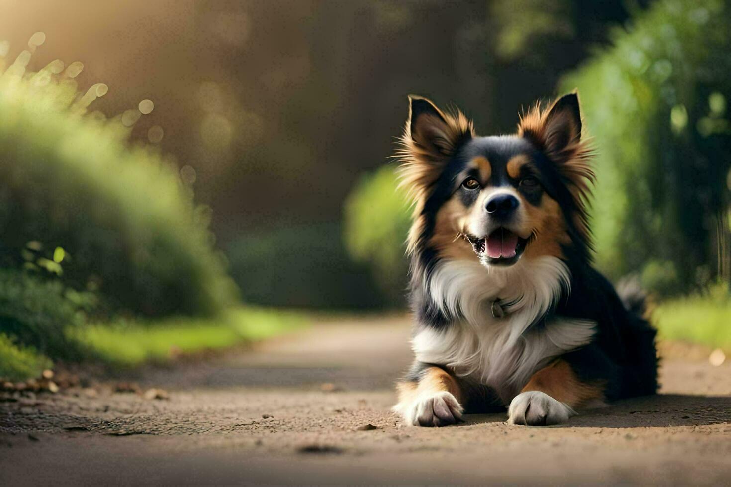 ein Hund Sitzung auf das Straße im das Sonne. KI-generiert foto
