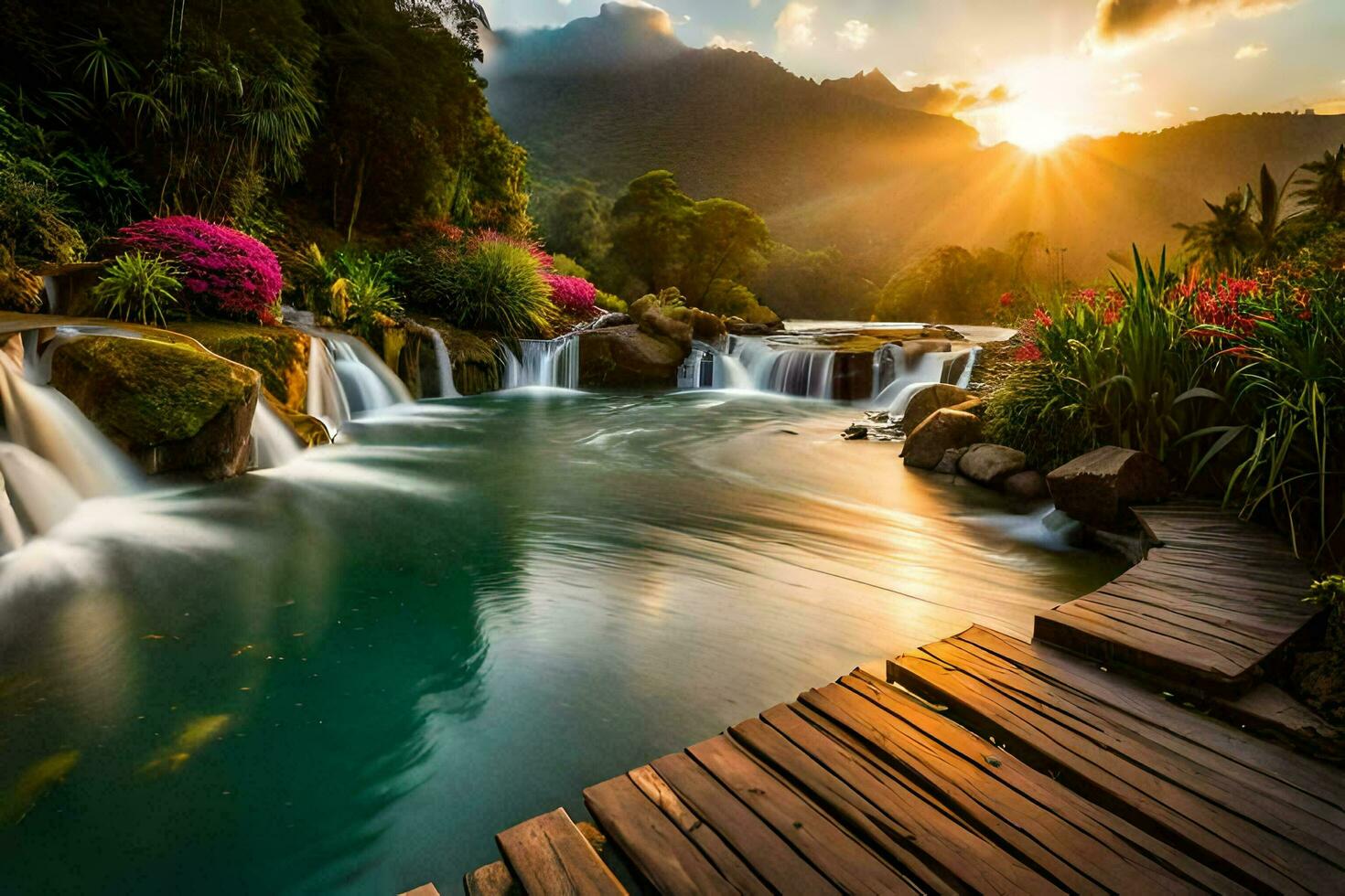 das Sonne steigt an Über das Wasserfall im das Hintergrund. KI-generiert foto