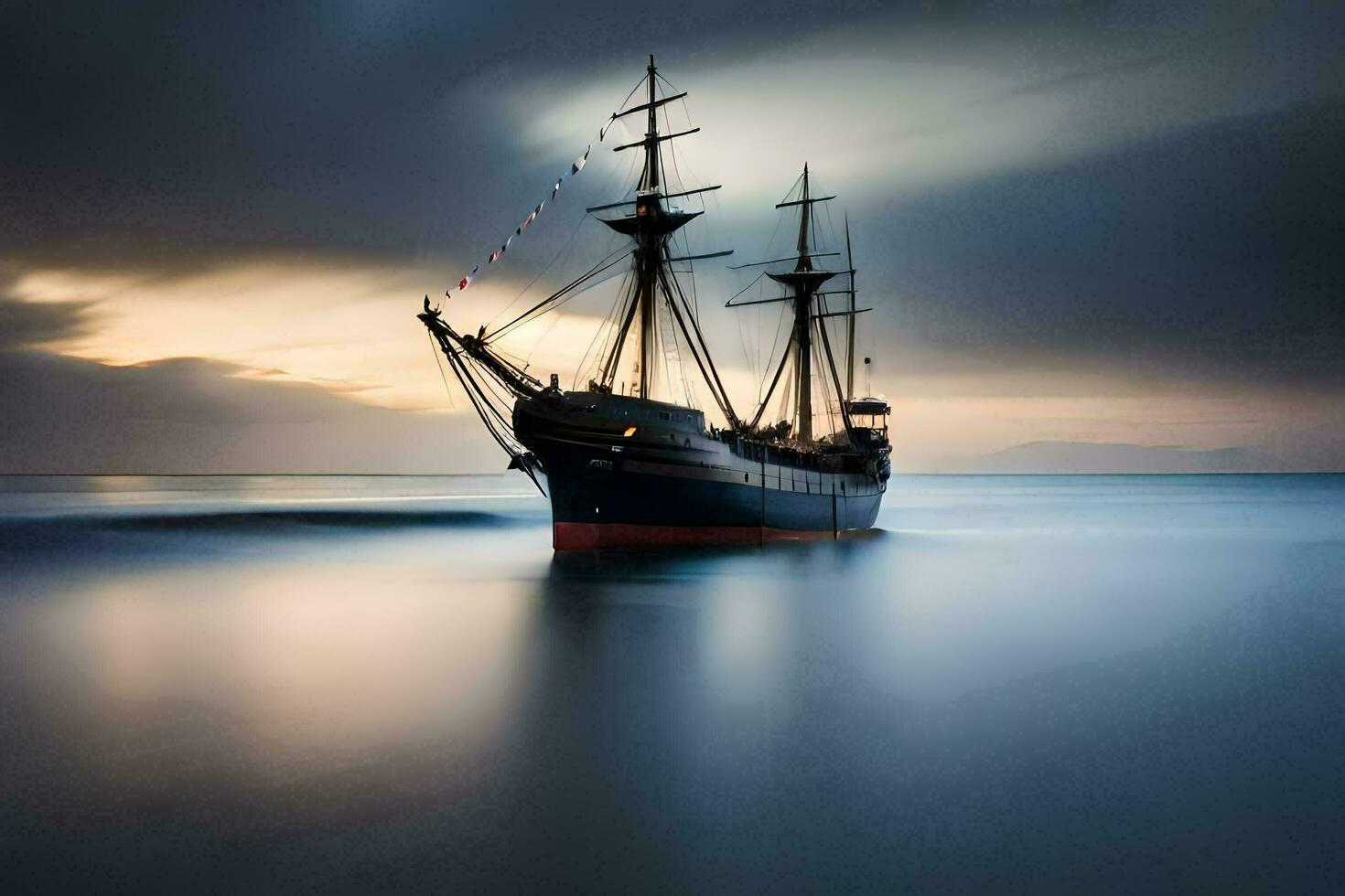 ein Segeln Schiff im das Ozean beim Sonnenuntergang. KI-generiert foto