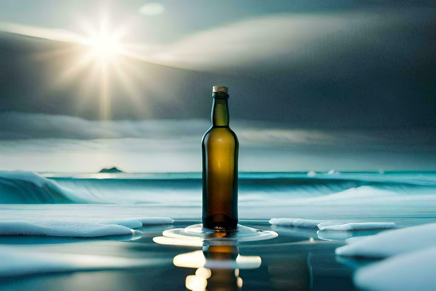 ein Flasche von Bier sitzt auf das Strand mit das Sonne leuchtenden. KI-generiert foto