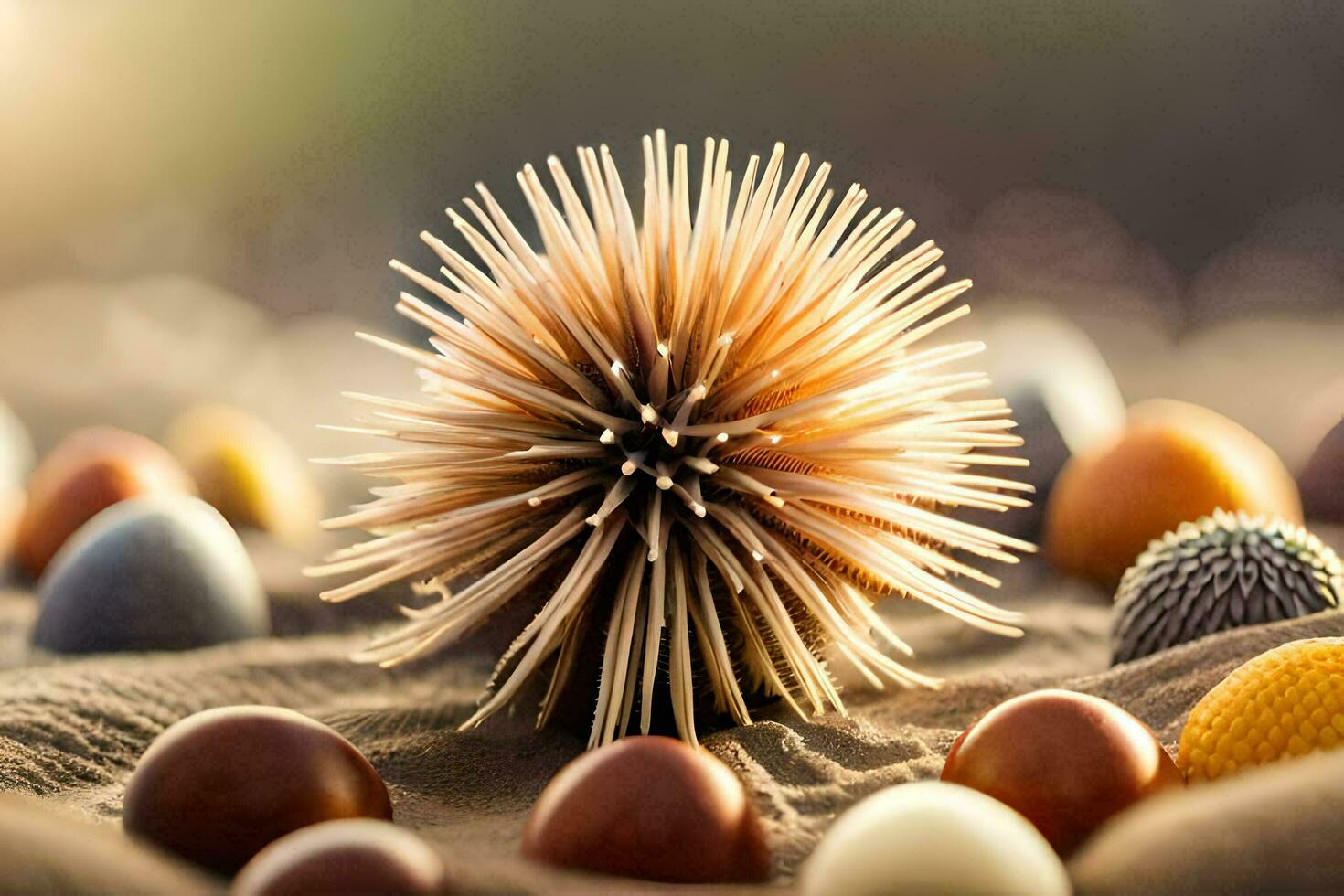 ein stachelig Ball von farbig Eier auf ein sandig Strand. KI-generiert foto