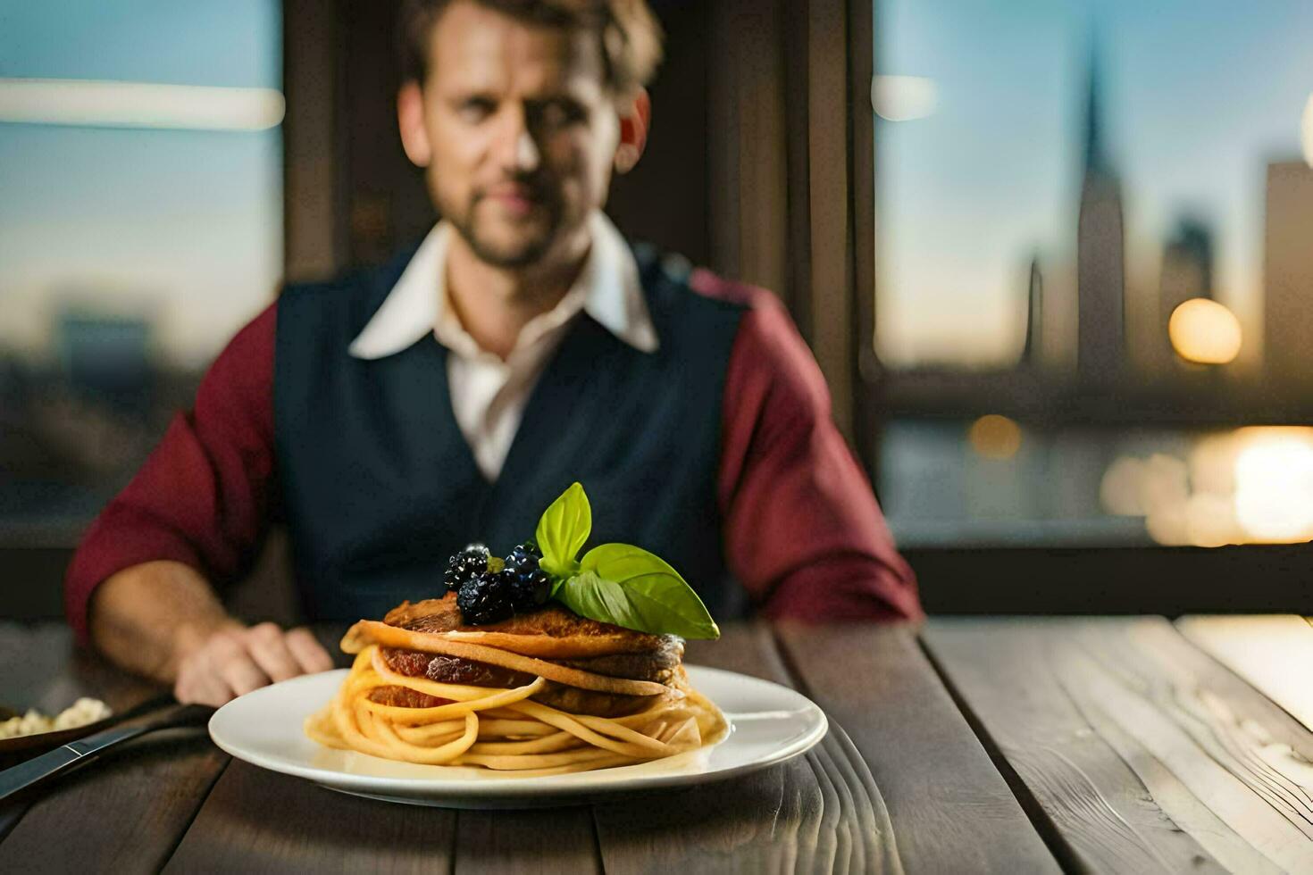 ein Mann Sitzung beim ein Tabelle mit ein Teller von Spaghetti. KI-generiert foto