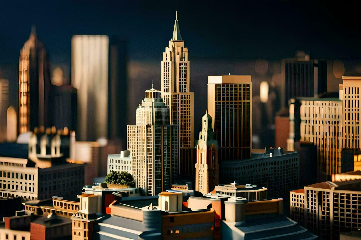 ein Miniatur Stadt mit hoch Gebäude und ein Uhr Turm. KI-generiert foto