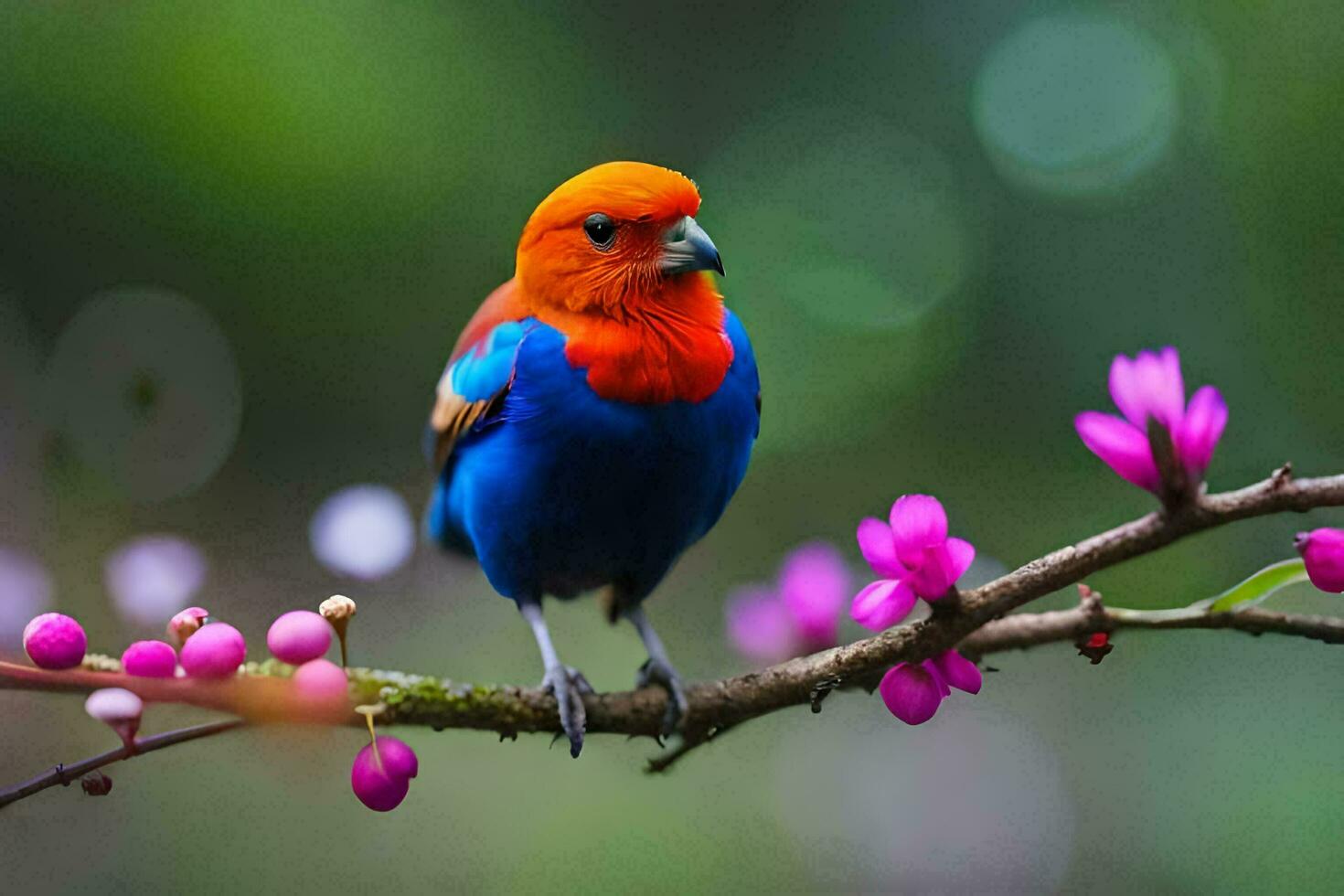 ein bunt Vogel sitzt auf ein Ast mit Rosa Blumen. KI-generiert foto