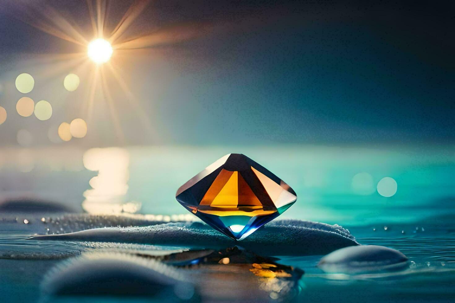 ein Diamant ist Sitzung auf das Wasser mit ein hell Licht leuchtenden im das Hintergrund. KI-generiert foto