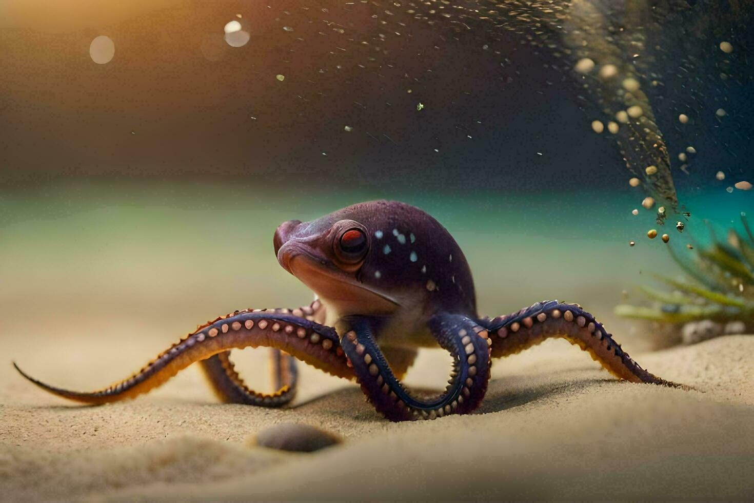 ein Tintenfisch ist Sitzung auf das Sand mit Wasser planschen um Es. KI-generiert foto