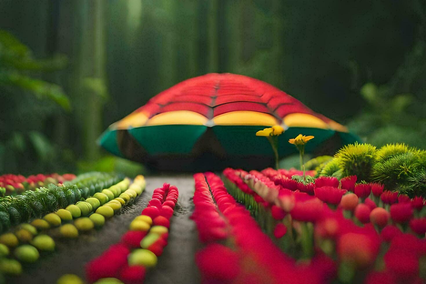 ein bunt Regenschirm ist Sitzung auf das Boden Nächster zu ein Feld von Blumen. KI-generiert foto