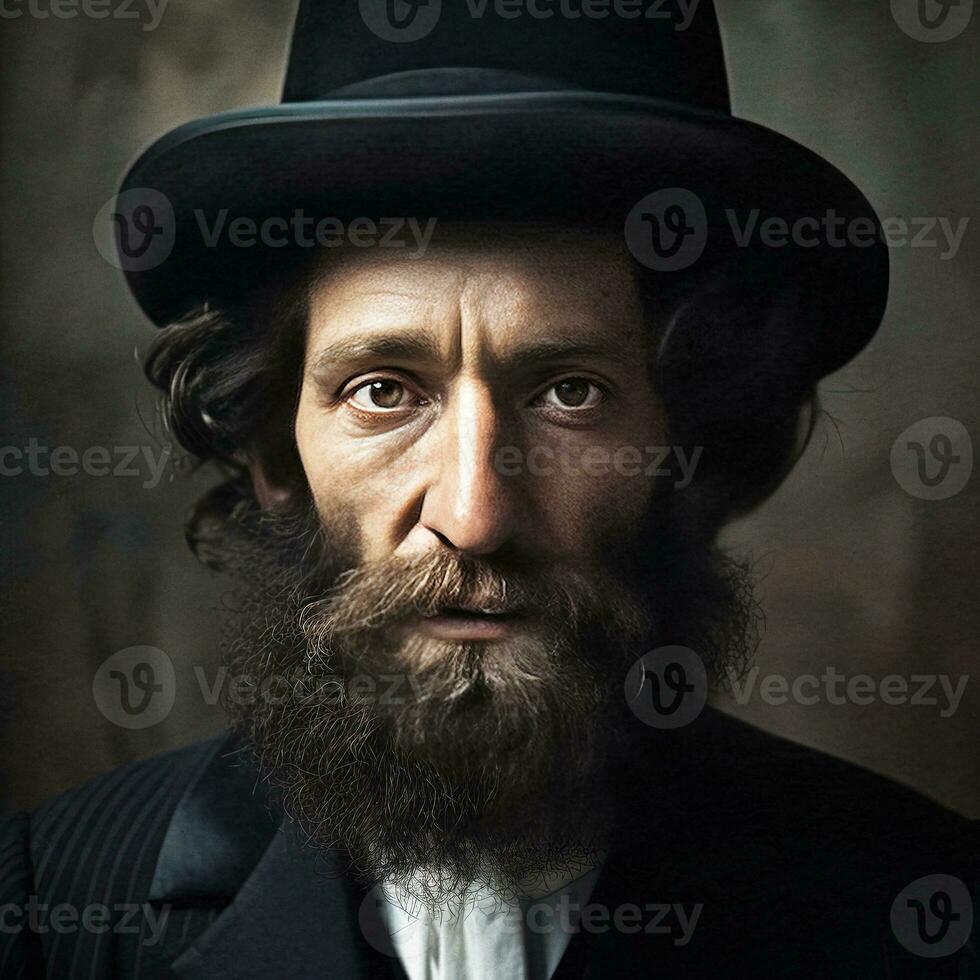 Porträt von ein bärtig chassidisch Jude tragen ein Hut generativ ai foto