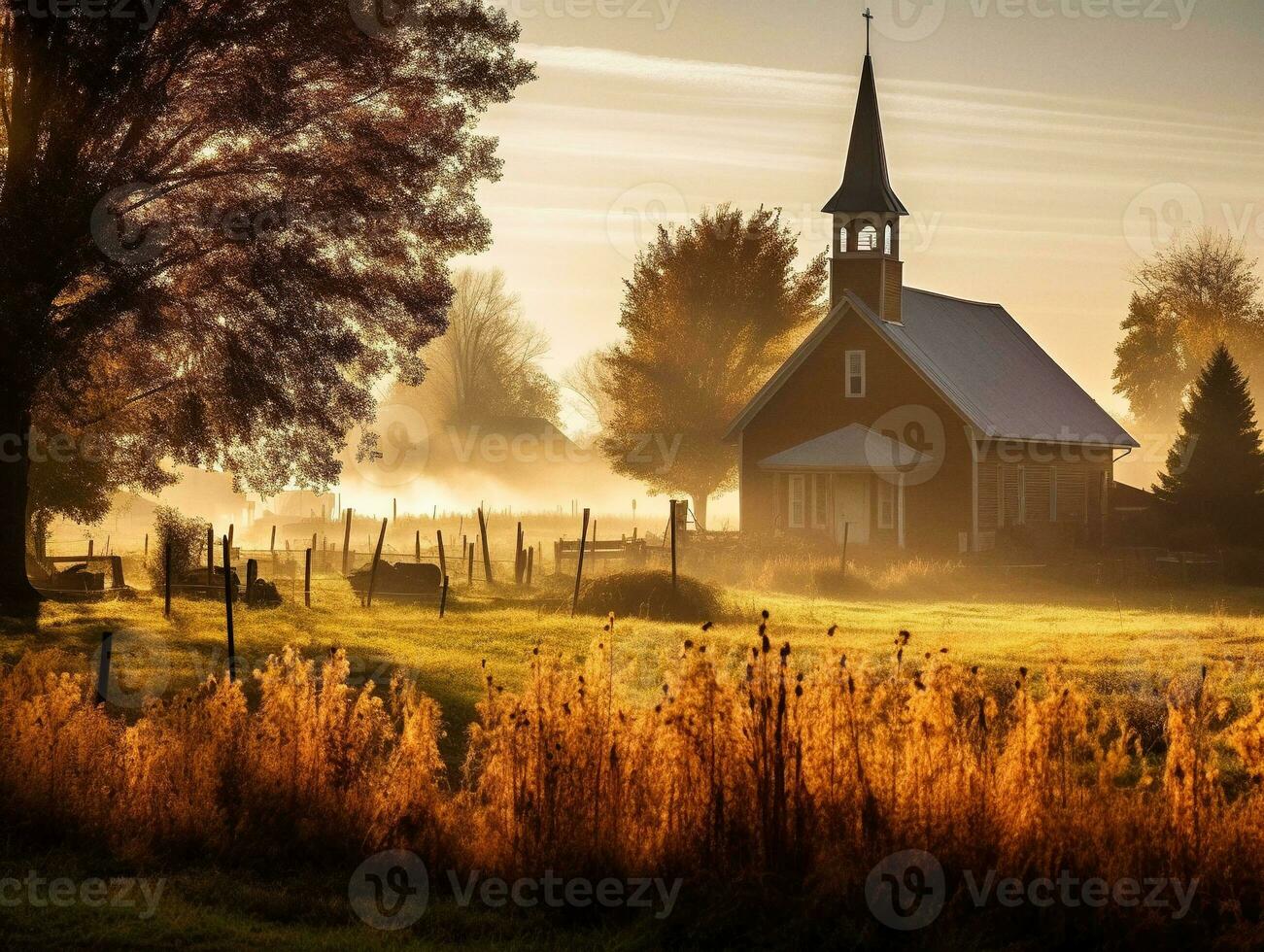 ein schön amisch Kirche im das amerikanisch Landschaft auf ein neblig Morgen, generativ ai foto