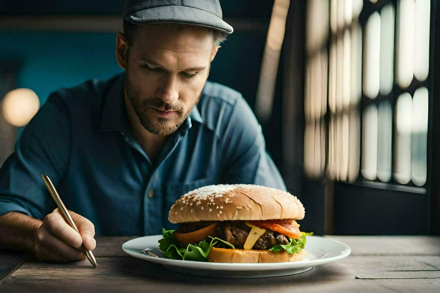 ein Mann ist Essen ein Burger auf ein Platte. KI-generiert foto