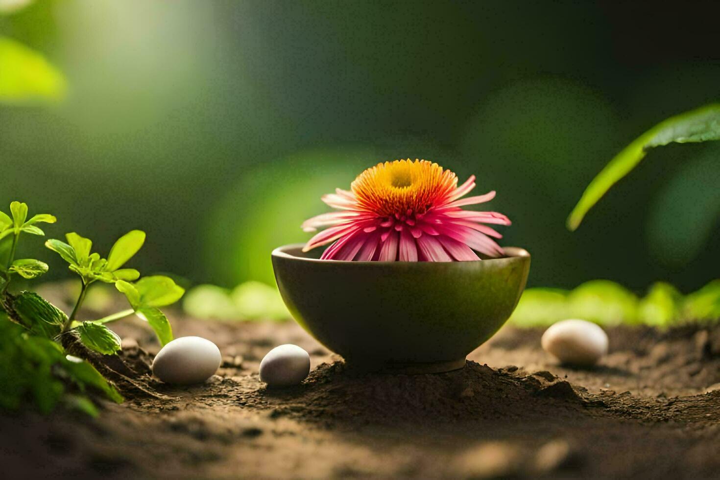 ein Blume im ein Schüssel mit Eier und Grün Blätter. KI-generiert foto