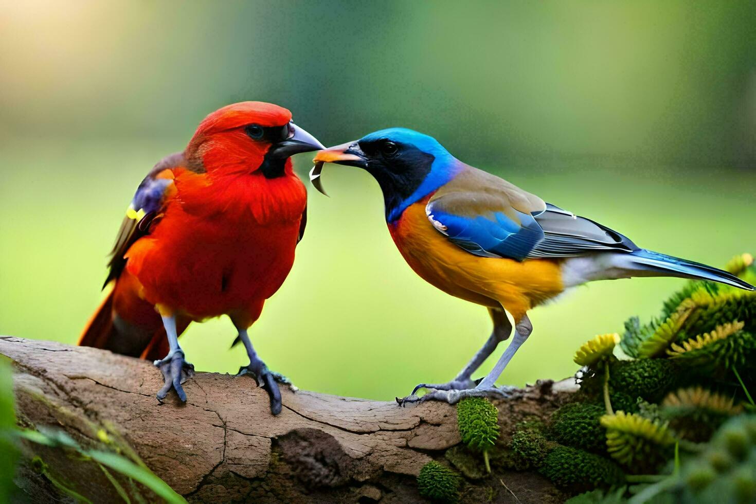 zwei bunt Vögel Stehen auf ein Ast. KI-generiert foto