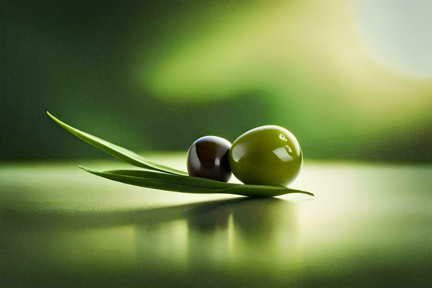 zwei Oliven auf ein Grün Hintergrund. KI-generiert foto