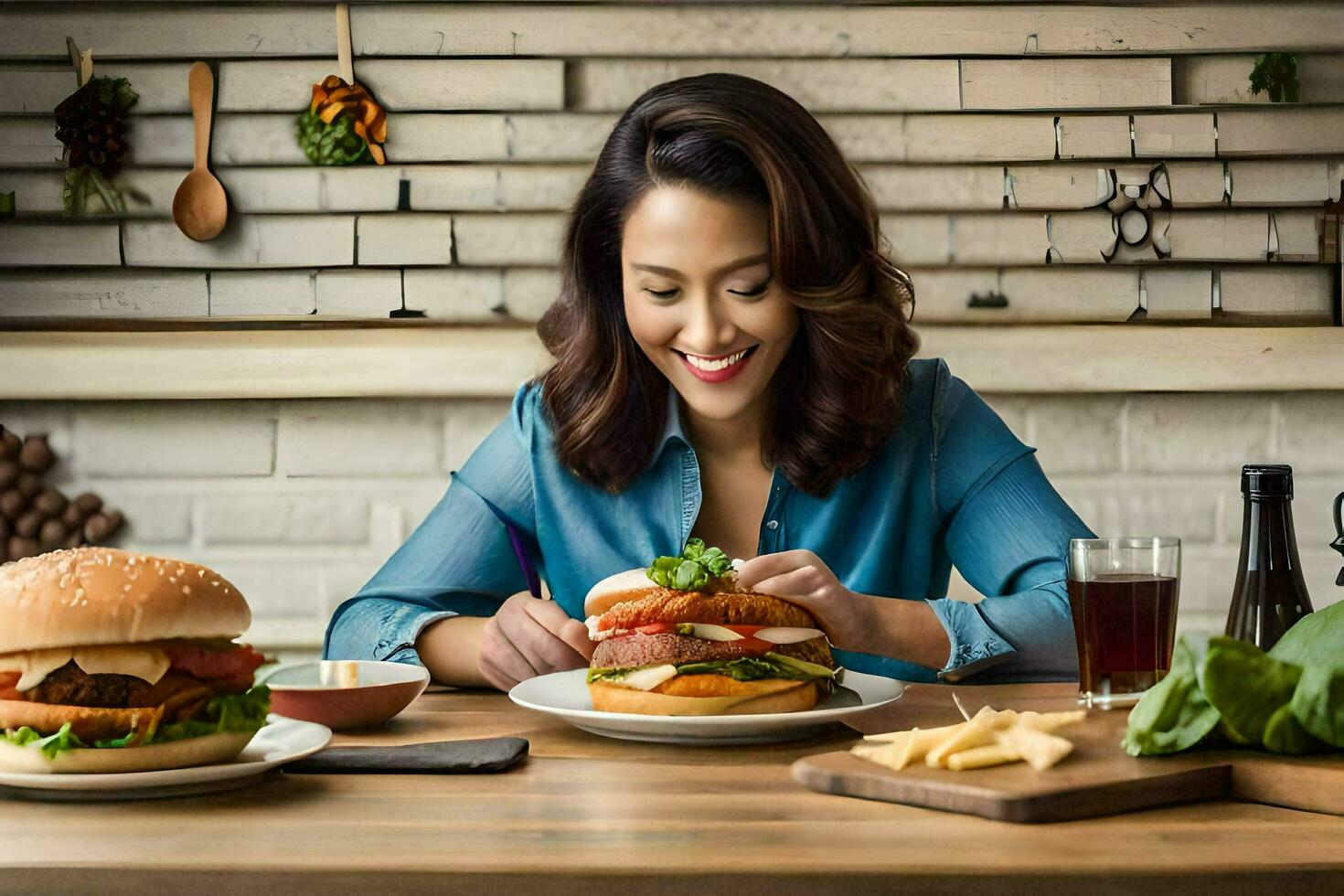 ein Frau lächelt während Essen ein Hamburger. KI-generiert foto