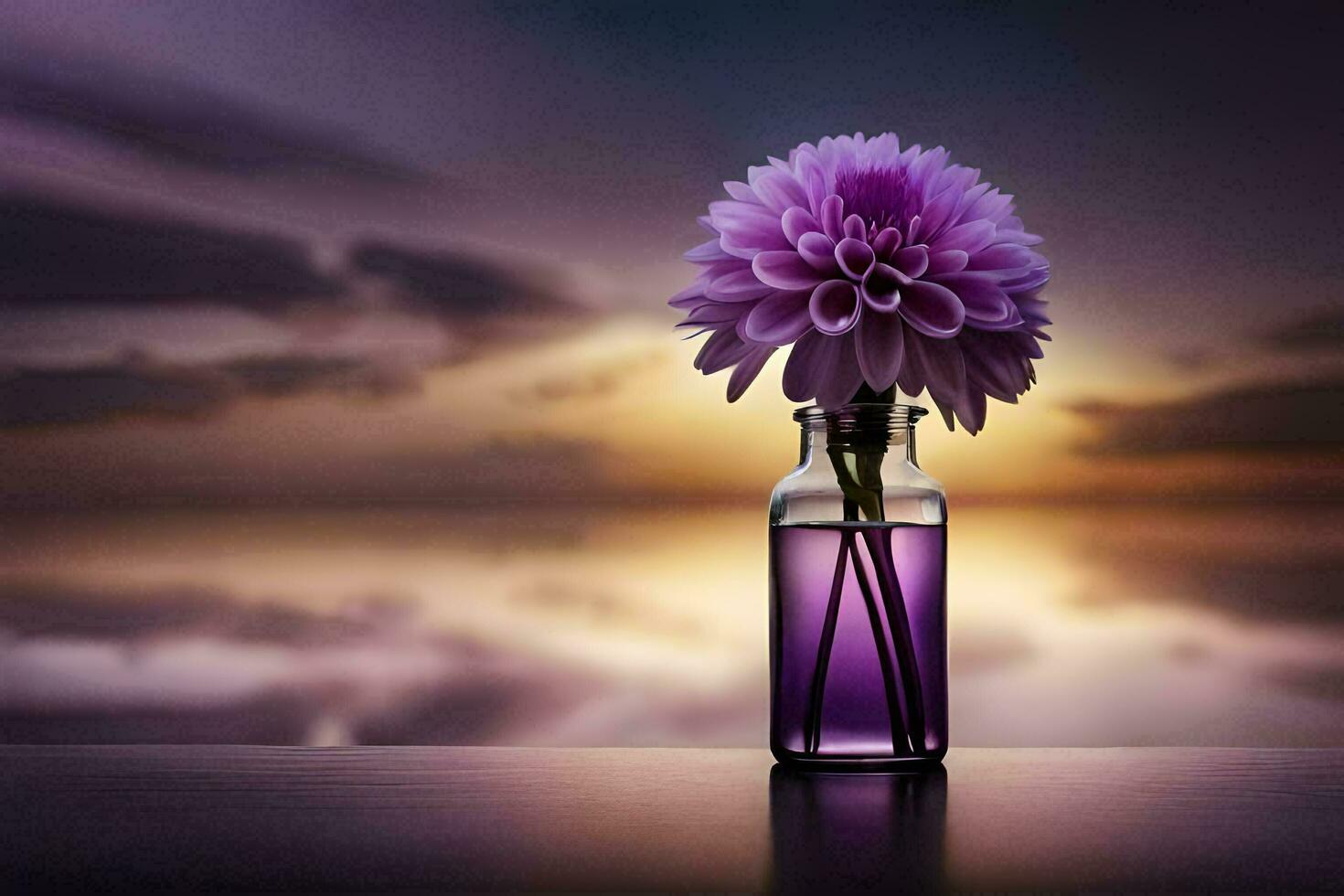 lila Blume im ein Vase auf ein Tabelle mit ein Sonnenuntergang im das Hintergrund. KI-generiert foto
