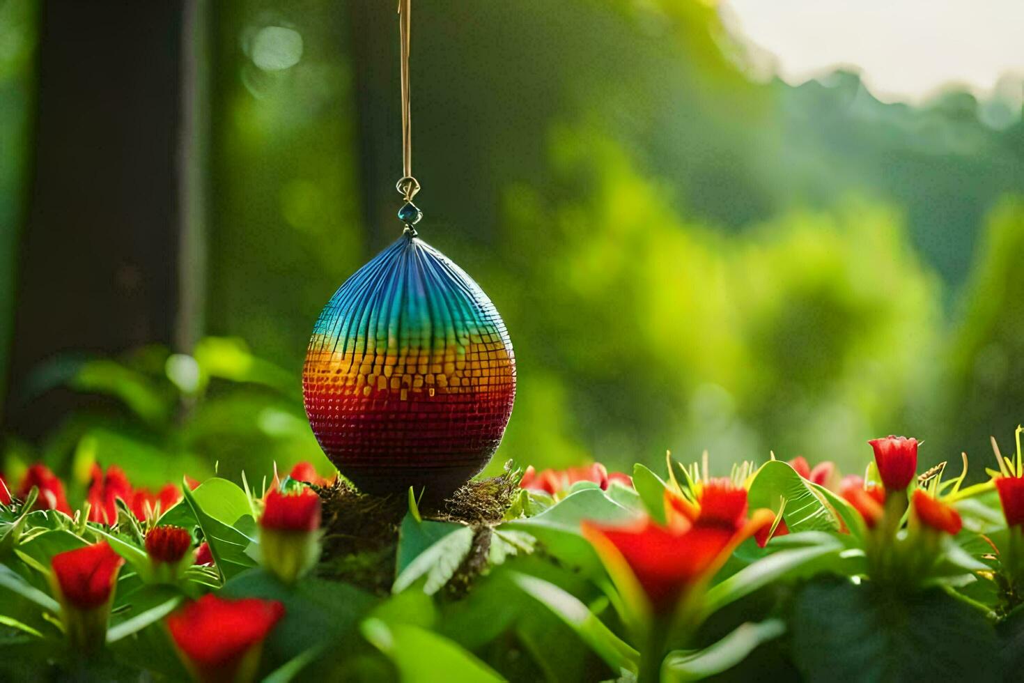 ein bunt Ei hängend von ein Zeichenfolge im ein Feld von rot Blumen. KI-generiert foto