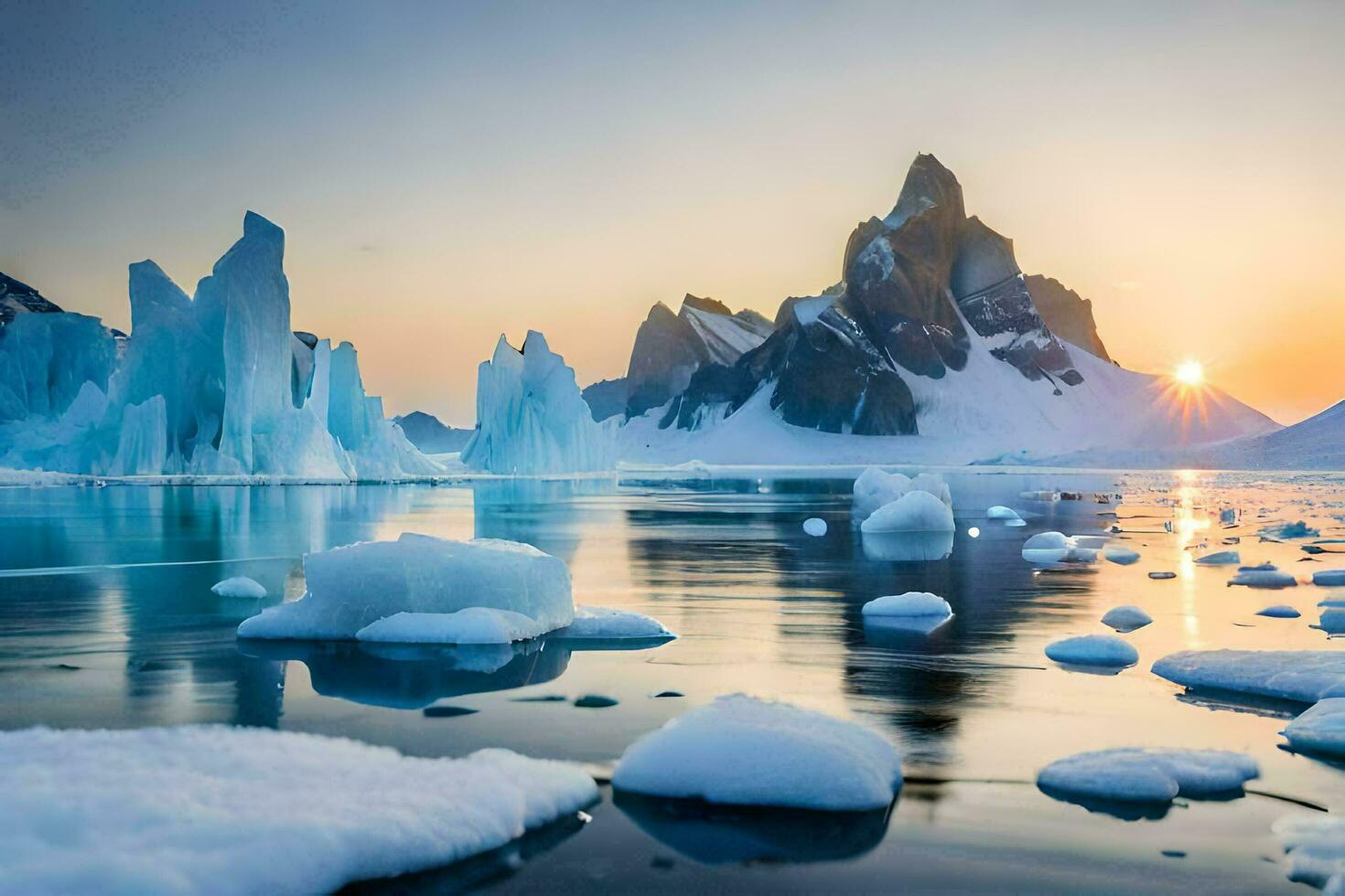 das Sonne setzt Über Eisberge im das Wasser. KI-generiert foto